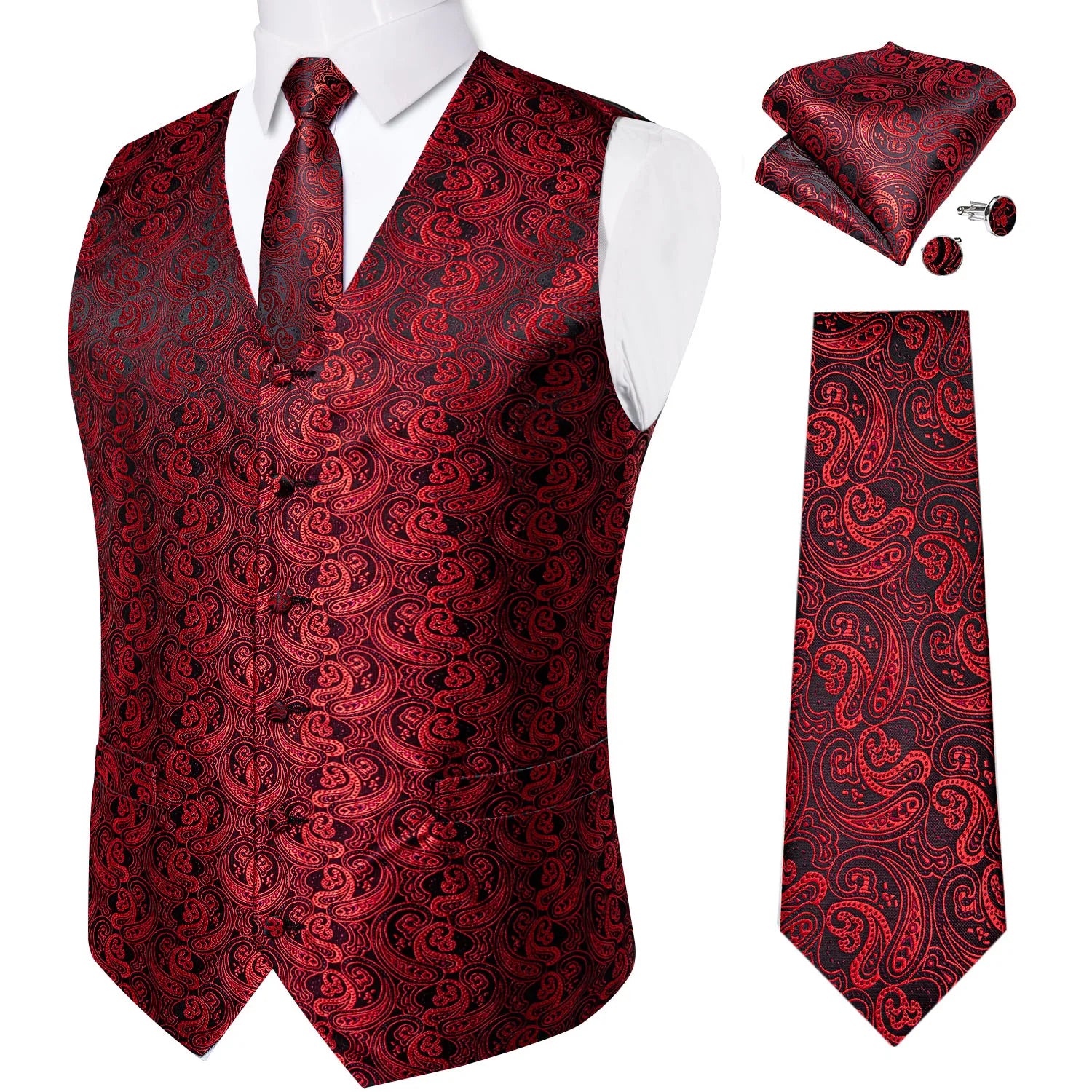 Luxury Silver Gray Paisley Suit Vest Men Tuxedo Blazers Wedding Party Waistcoat Neck Tie Set Casual Sleeveless Jacket