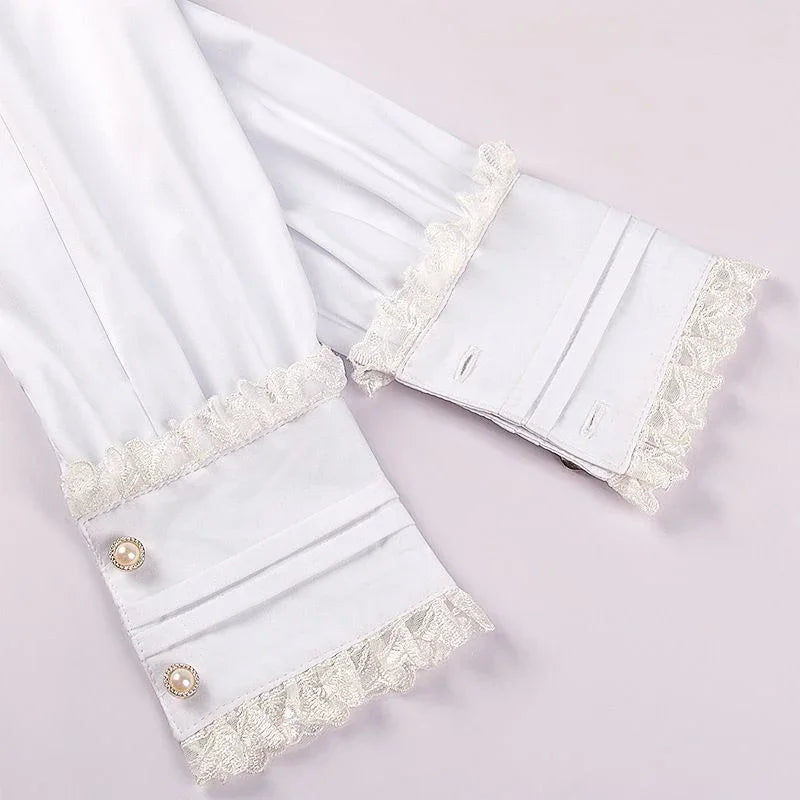 Vintage Ruffles White Shirts Women Japanese Preppy Lolita Bow Bandage Blouses Gothic Lace Patchwork Black Long Sleeve Slim Tops