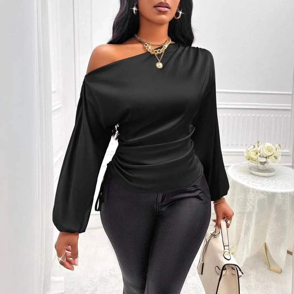 Autumn Winter Temperament Slant Shoulder Long Sleeve Sexy Open Shoulder Loose Slant Collar Design Blouse