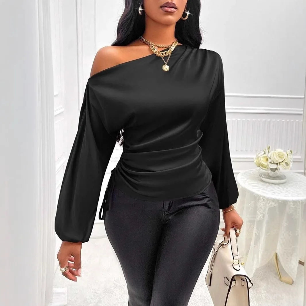 Autumn Winter Temperament Slant Shoulder Long Sleeve Sexy Open Shoulder Loose Slant Collar Design Blouse