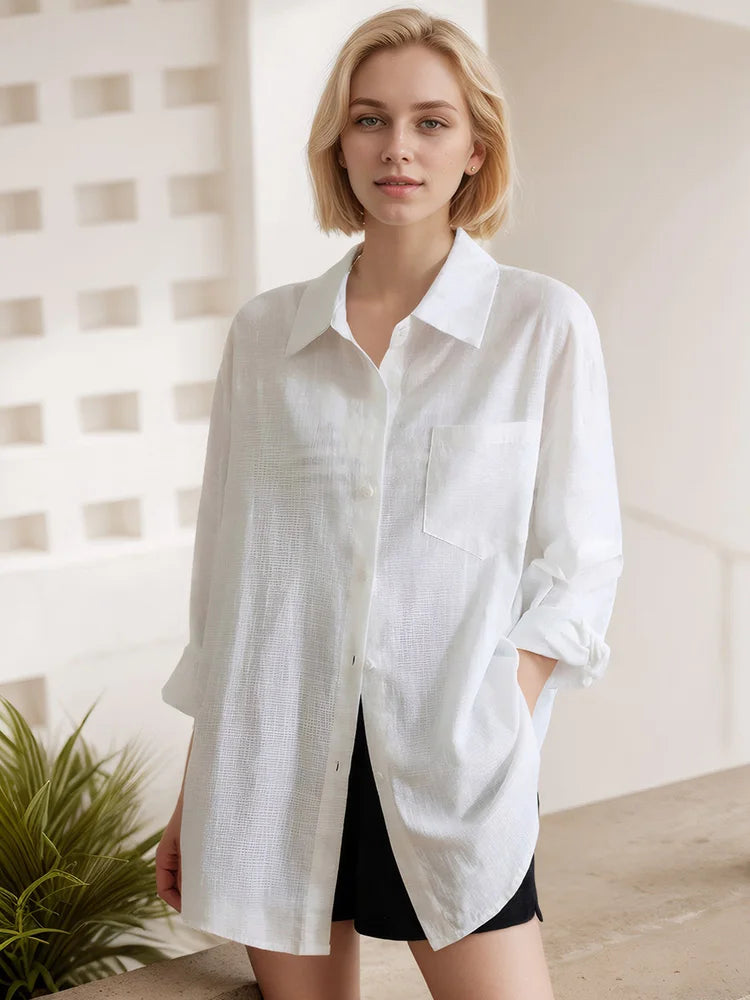 Blue Oversize Women Cotton Linen Shirts And Blouses Long Sleeve Summer Basic White Office Women Shirts Loose Top For Woman Linen