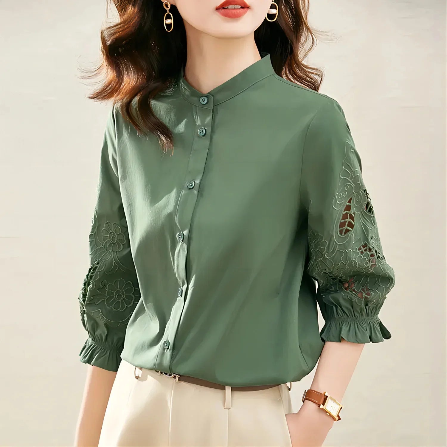 Women Spring Autumn Style Blouses Shirts Lady Casual Stand Collar Solid Color Hollow out Sleeve Blusas Tops