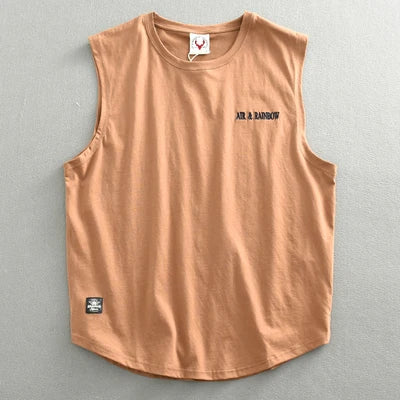 Summer New American Retro Sleeveless O-neck Letter Embroidery T-shirt Men's Fashion 100% Cotton Washed Casual Sports Vest Tops
