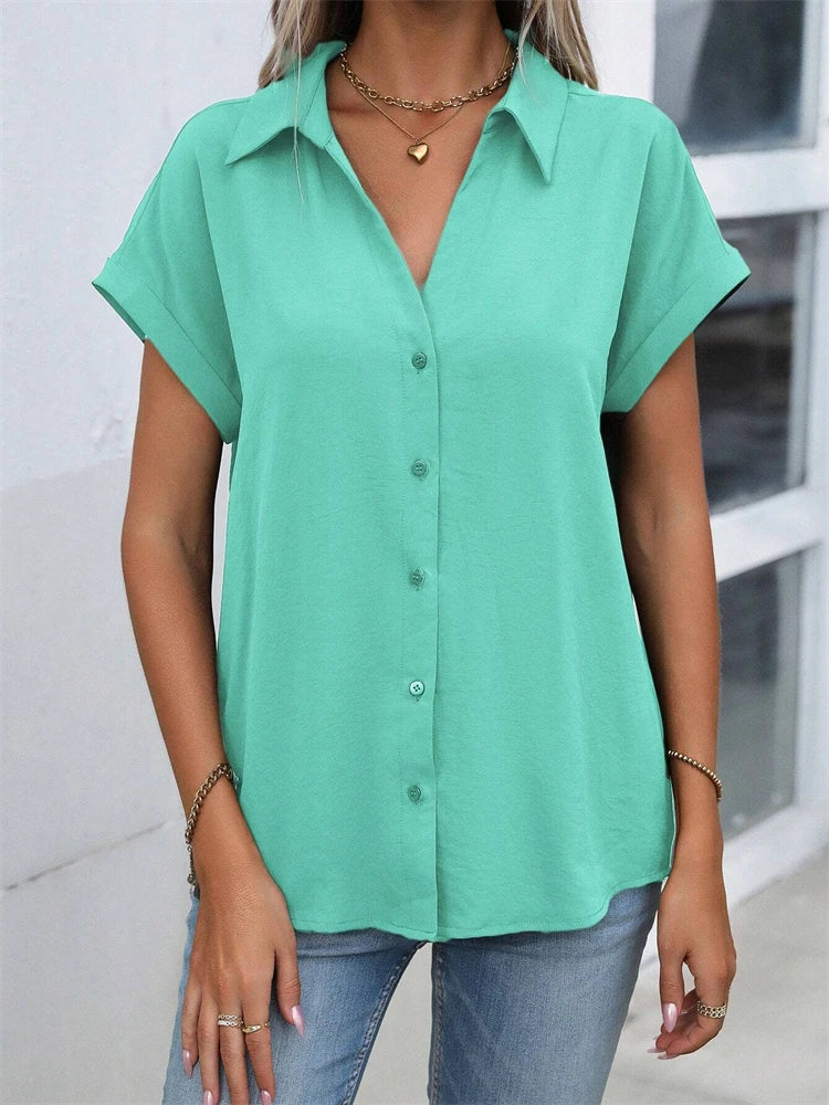 2025 Spring And Autumn New Solid Color Short-sleeved Shirt Fashion Loose Temperament Shirt Folding Blouse Ms. Home Rest Shirt