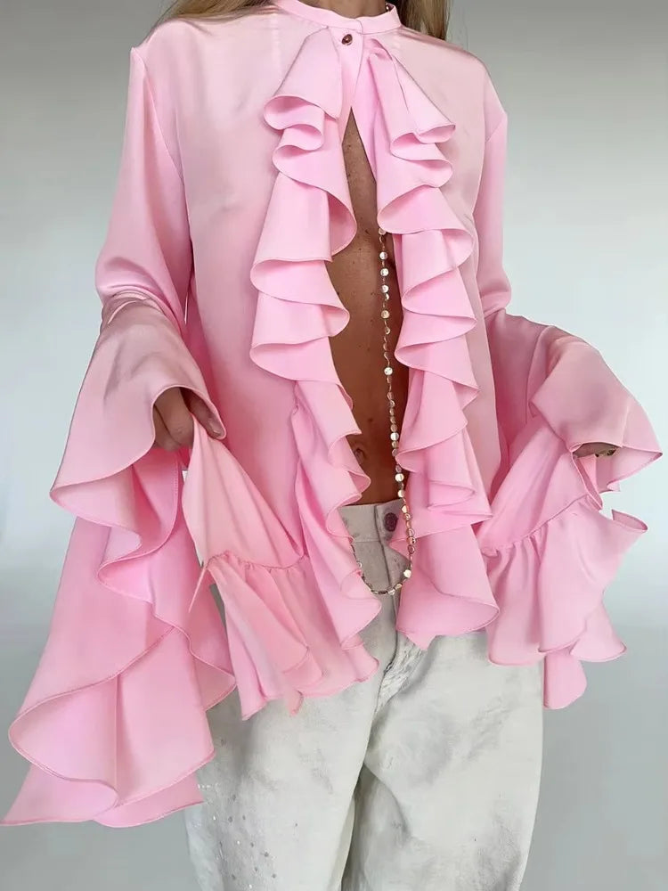 Elegant Ladies Chiffon Shirt Top Fashion O-Neck Trumpet Sleeve Ruffled Single-Breasted Loose Casual Solid Color Top