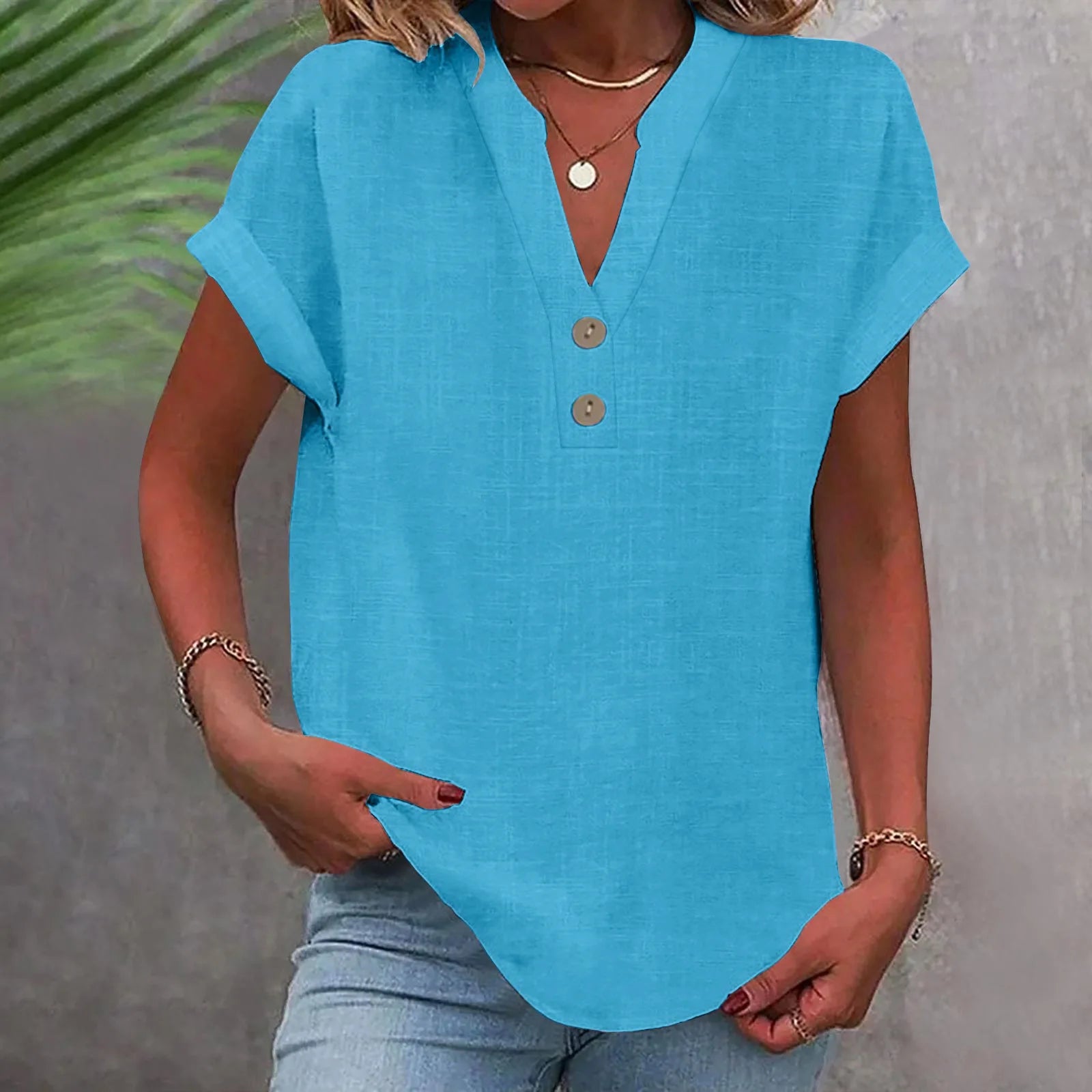 2025 Summer Cotton Linen Breathable Solid Color Button Down V-neck Shirt Basic And Versatile Casual Comfortable Lady Office Tops
