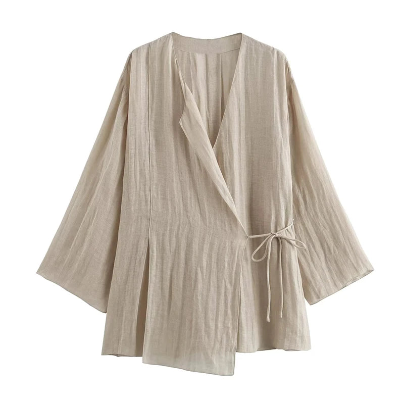 Elegant Women Lace Up V Neck Long Sleeve Linen Crossover Kimono Casual Summer Shirt