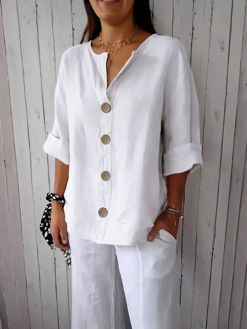 New Summer Loose Shirt Women's V-neck Cotton Linen Button Top Casual Shirts Solid Fashion Elegant Office Womens Clothing 2025