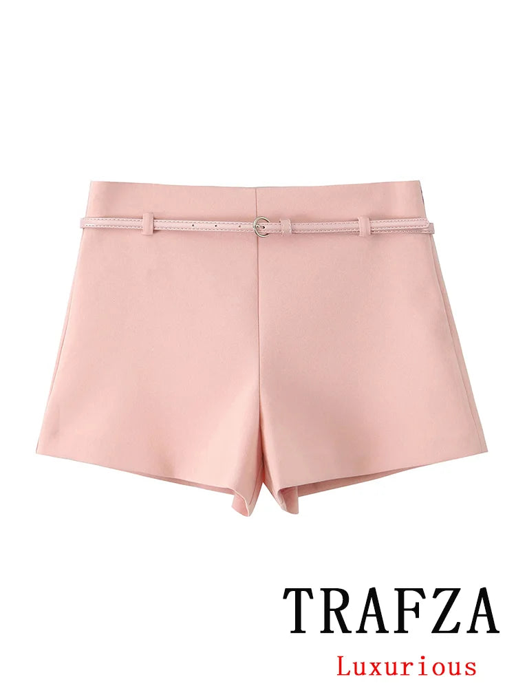 TRAFZA Vintage Chic Solid Women Suit V Neck Sleeveless Sashes Vest Blazer Straight Shorts New Fashion 2025 Summer Office Sets