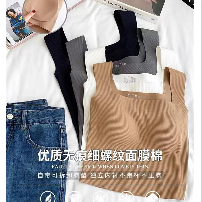 For 40-75kg Ice Silk Plus Size Tank Tops WIth Chest Pad Square Collar Thread One-Piece Cup Seamless Camisole Top For Women