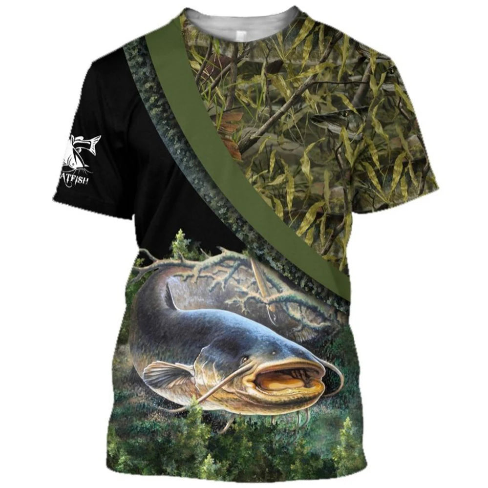 Summer Carp Fishing Print T-shirts For Men Outdoor Catfish Printing Loose  Short Sleeve Quick Drying Tee Shirt Casual Street Top