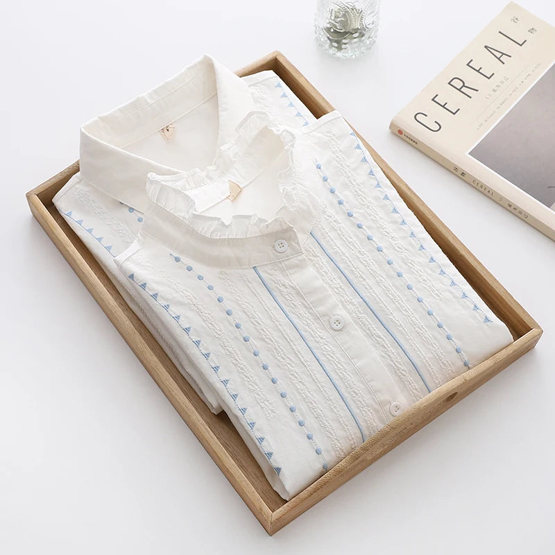 Embroidery Cotton Women's Long Sleeve Shirts 2024 Autumn New Art Jacquard Ladies Lace Collar White Casual Blouses & Tops