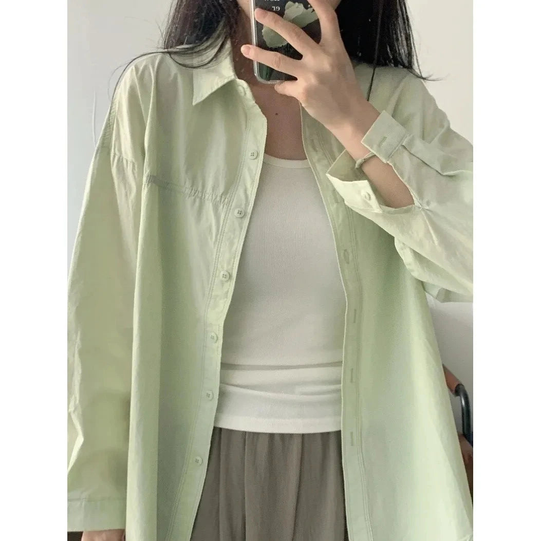 Light Luxury Blue Pure Cotton Shirt Women's Long Sleeve Sun Protection Outerwear 2025 New Elegant Chic Loose Top Shirt Jacket