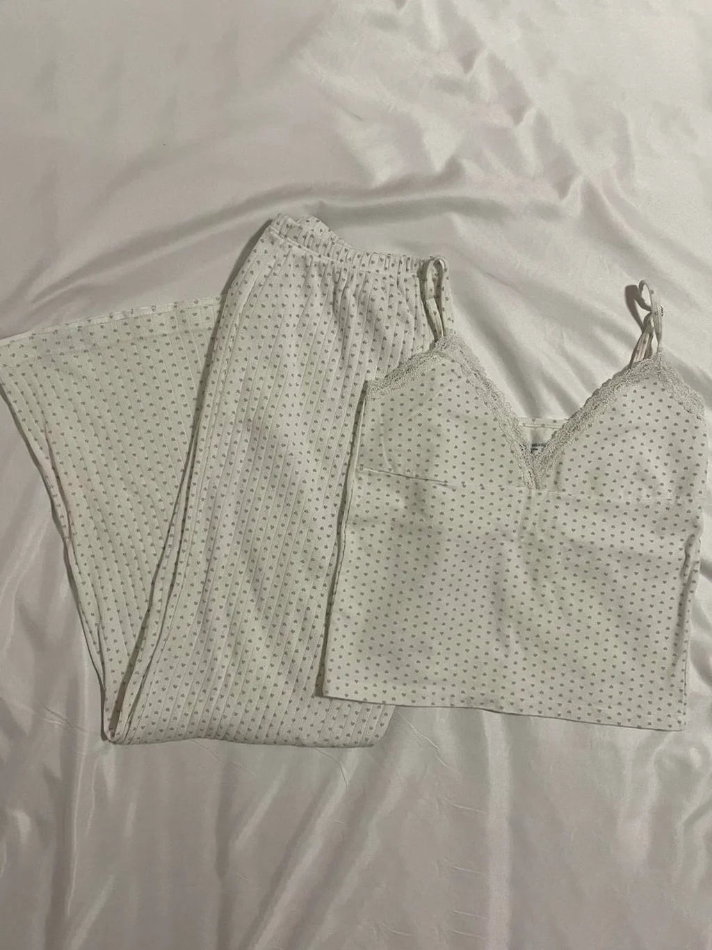 Eyelet White Tank Pant Home Set Woman Bow Slim Crop Top+Elastic High Waist Straight Trousers Summer Cotton Pajama 2 Piece Sets