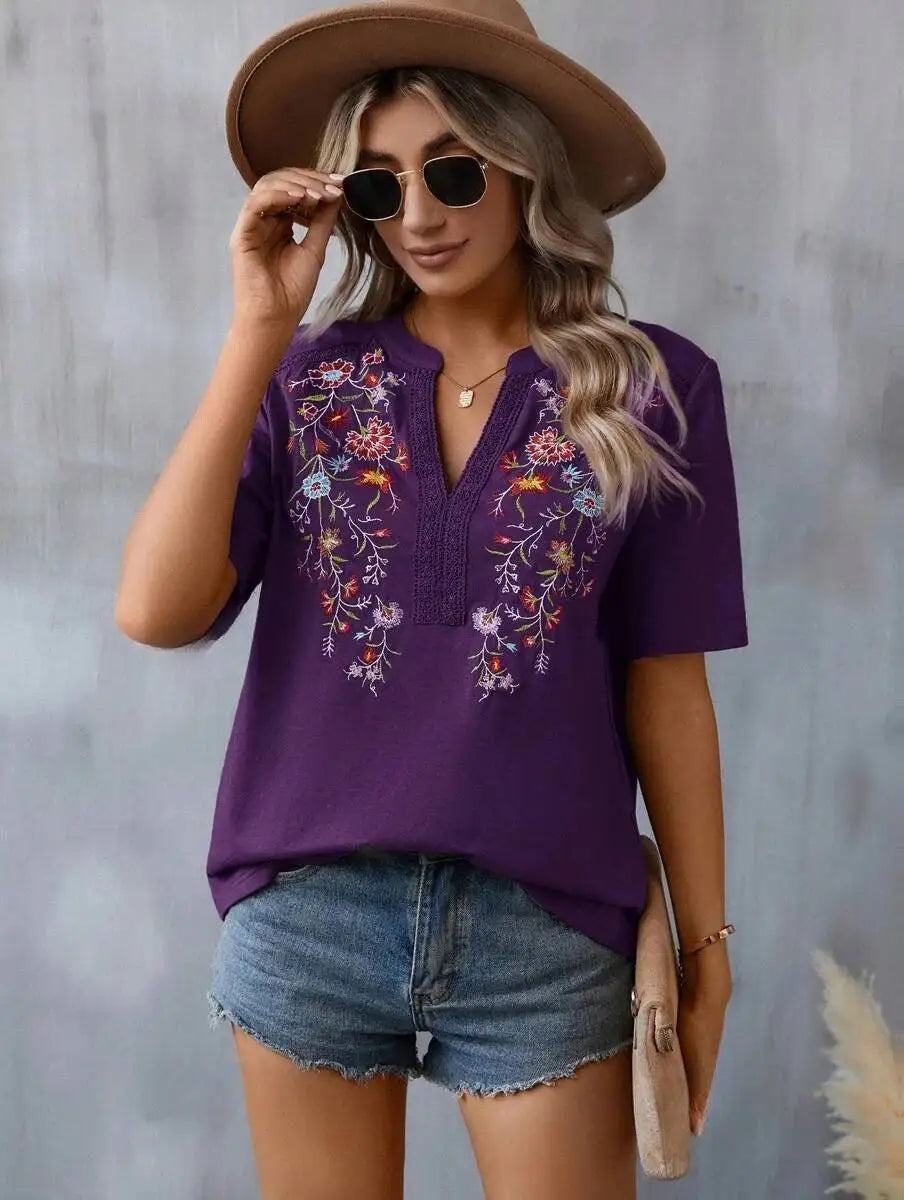 Casual Loose Floral Blouses For Women Fashion 2025 Summer Vintage Women's Short Sleeve Shirts Lace Patchwork Blouse Embroid Tops
