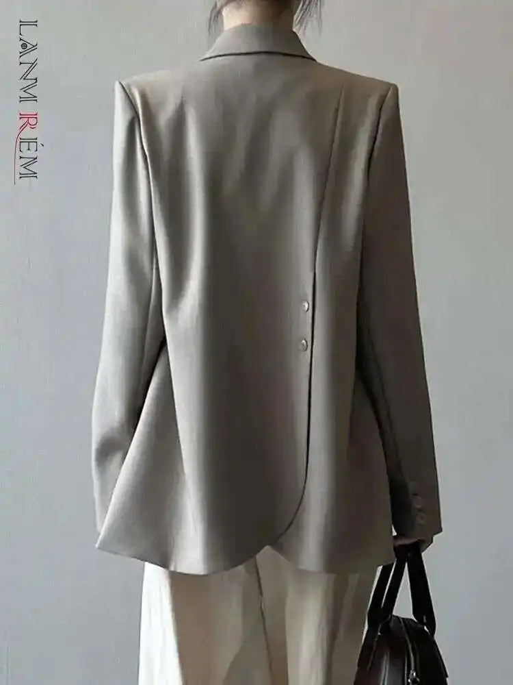 [LANMREM] Irregular Back Button Design Blazers For Women Notched Single Breasted Office Lady Coats 2025 Autumn New 26C346
