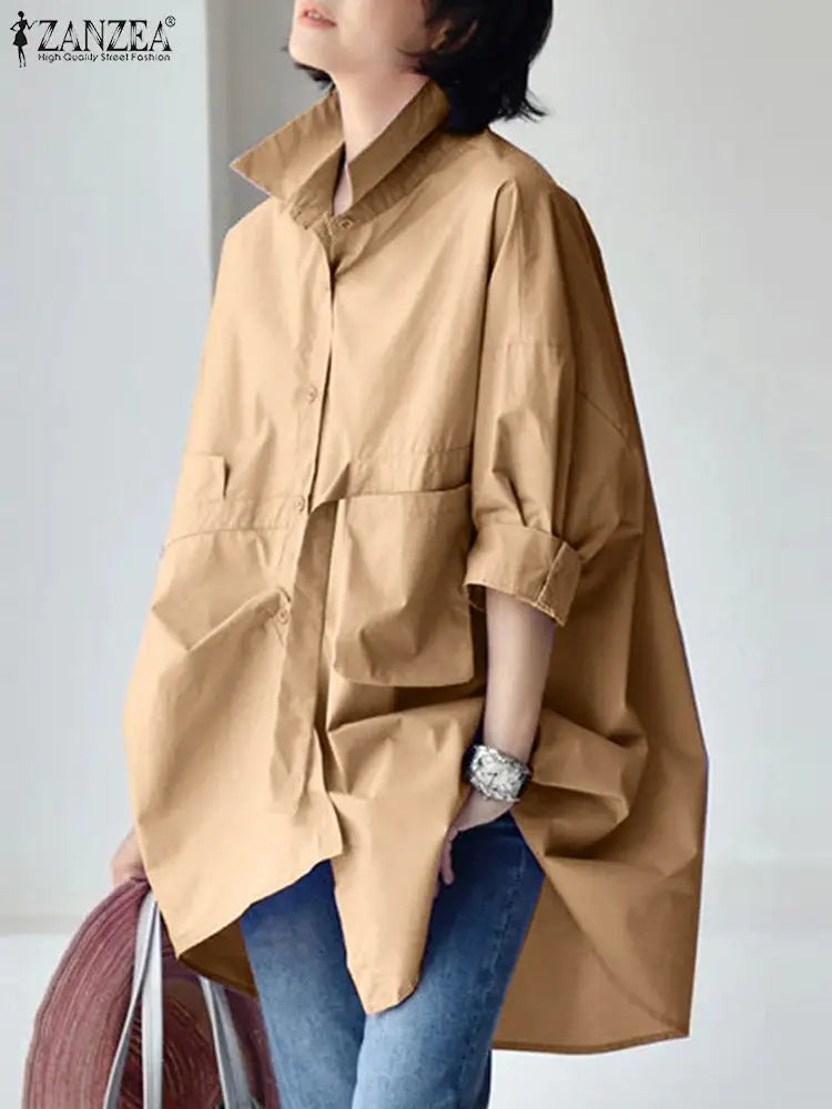 2025 ZANZEA Women Oversized Shirt Autumn Fashion Loose Long Sleeve Collared Blouse Elegant Casual Solid Chemise Tops Streetwear