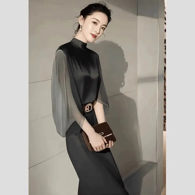 Dopamine French Black Chiffon Shirt Women's Long Sleeved Autumn New Beautiful Small Shirt Western-style Unique and Chic Top