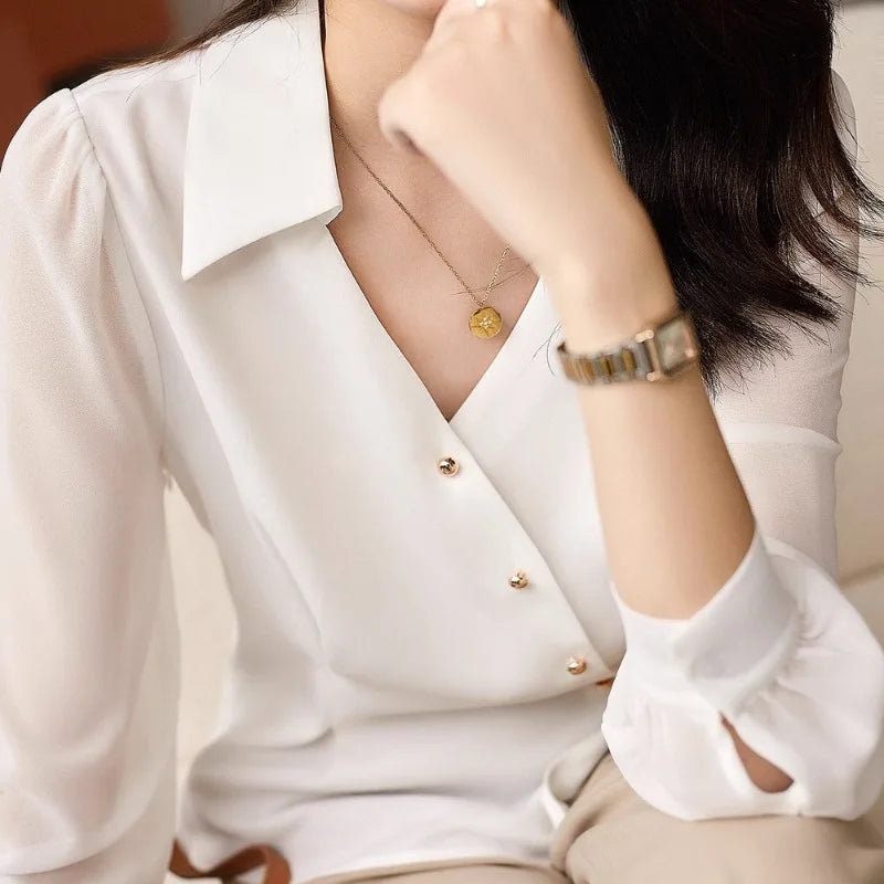 2023 Spring and Autumn Women's Solid Half Open Collar Long Sleeve Single Treated Shirt Office Lady Korean Fashion Casual Tops