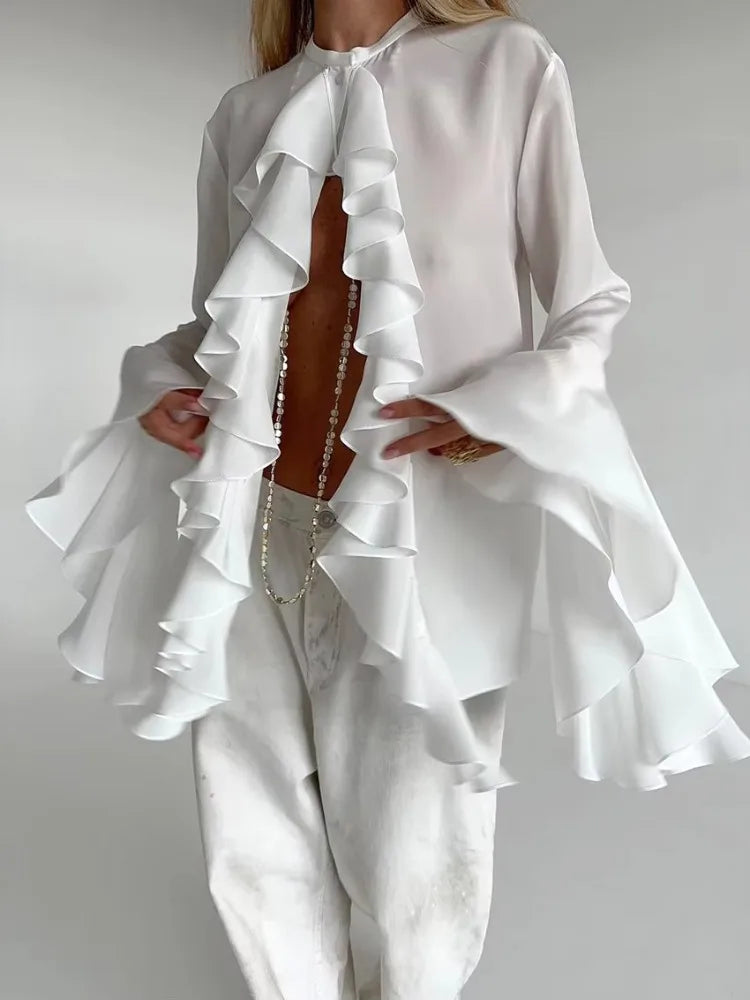 Elegant Ladies Chiffon Shirt Top Fashion O-Neck Trumpet Sleeve Ruffled Single-Breasted Loose Casual Solid Color Top