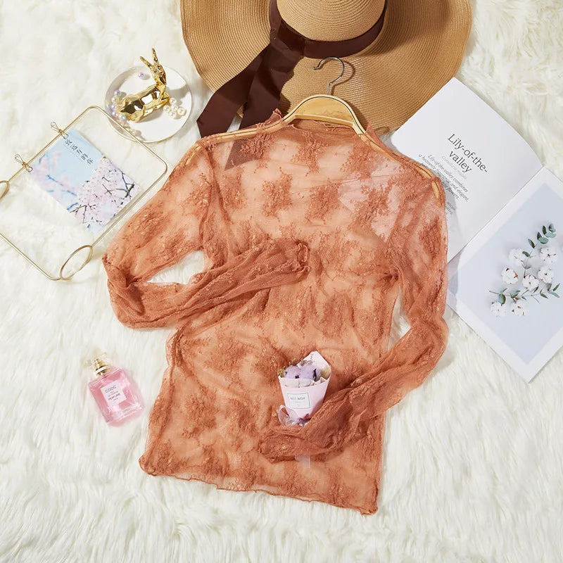 Women Thin See Through Lace Blouse Tops Sexy Lady Mesh Lace Patchwork Sunscreen Blouse Shirts LGHX-173