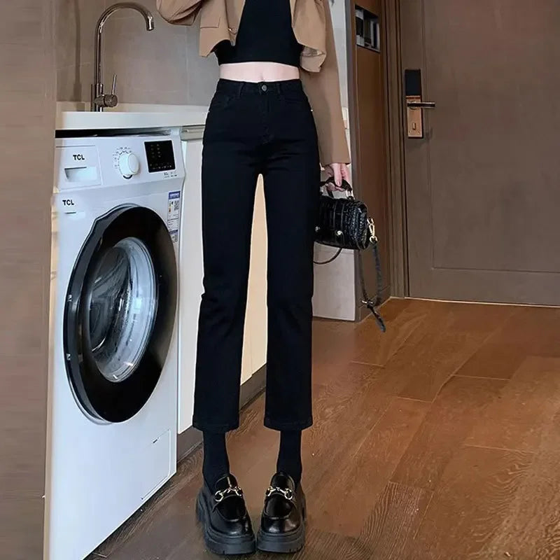 Charcoal Grey High-waist Straight-leg Jeans For Women Versatile Slimming Autumn/winter Pants