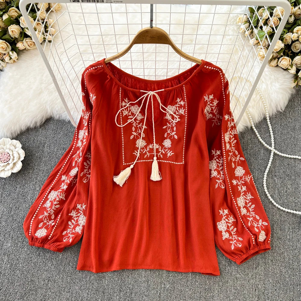 Women Spring Autumn Blouse Vintage National Style Long Sleeve Round Neck Pullover Embroidery Loose Shirt Doll Shirt Top D2761