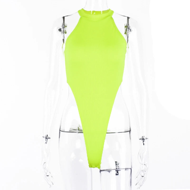 Women Ladies Sexy Sleeveless Solid Color High Cut Slim Skinny Bodycon Club Beach Fashion Halter Bodysuits Leotard Tops Rompers
