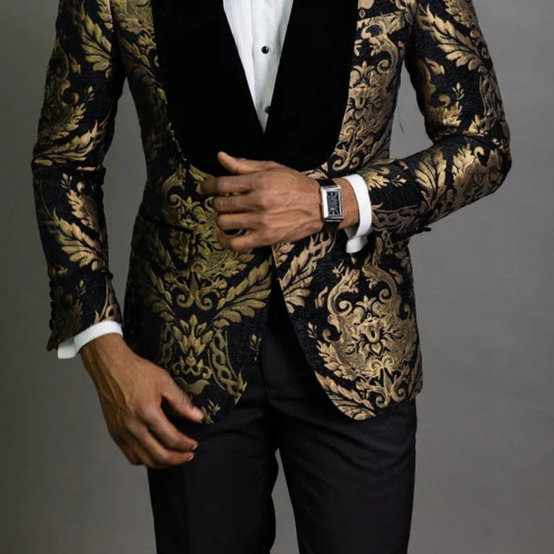 Floral Jacquard Blazer for Men 1 Piece Male Suit Jacket with Velvet Shawl Lapel Slim Fit for Prom African Fashion Wedding Groom