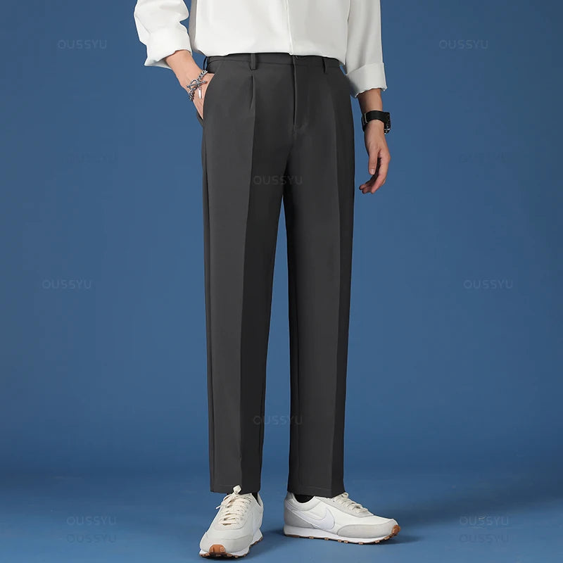 Spring Summer New Smooth Pendulous Suit Pants Men Business Long Trousers Korean Formal Ankle Length Pant Male Plus Size 40