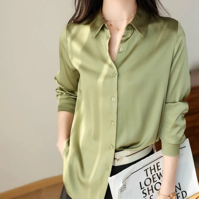 Satin Women's Shirt Blouses for Women Fashion 2025 Korean Style Womens Tops Luxury White Shirt Women OL Loose New Women Clothing