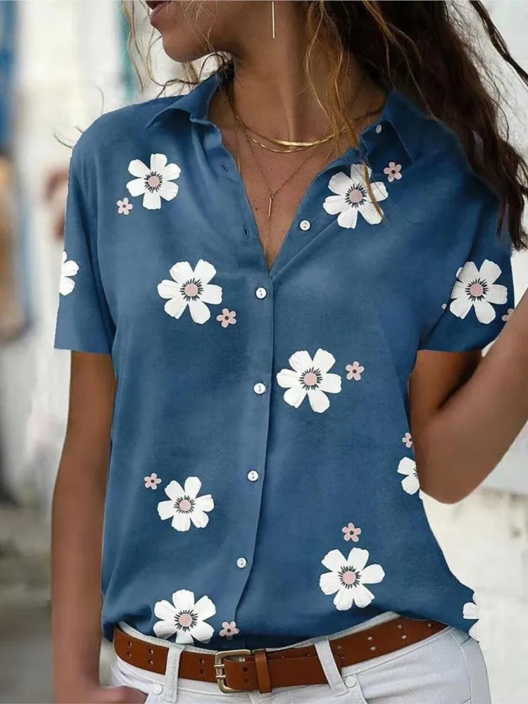 Women's Spring Summer New Style Slimming Fashion Flower Printed Short Sleeve Collar Loose Casual Comfortable Button Shirt