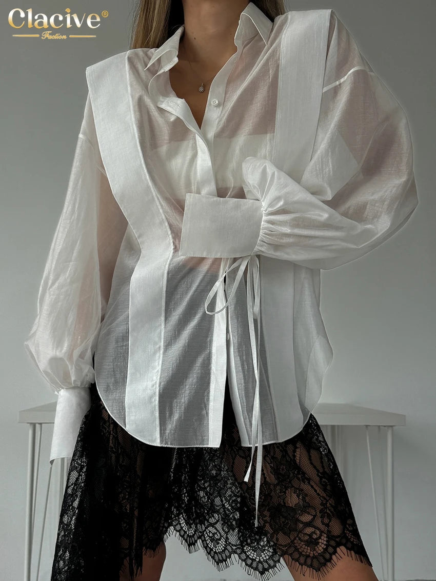 Clacive Fashion Loose Pink Cotton Women Shirts 2024 Casual Lapel Long Sleeve Blouse Elegant Classic Lace-Up Top Female Clothing