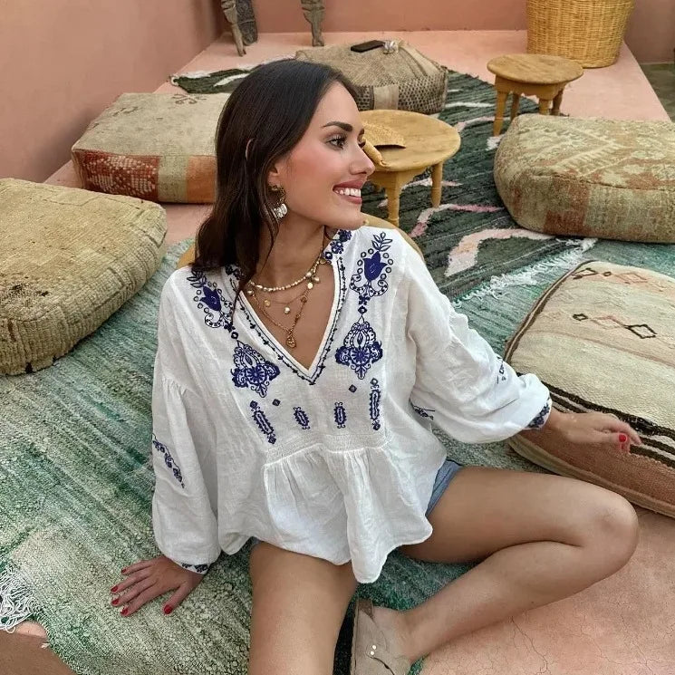 BWQ 2025 Summer New Women's Fashion Versatile Loose and Slim V-neck Beaded Embroidered Long sleeved Shirt