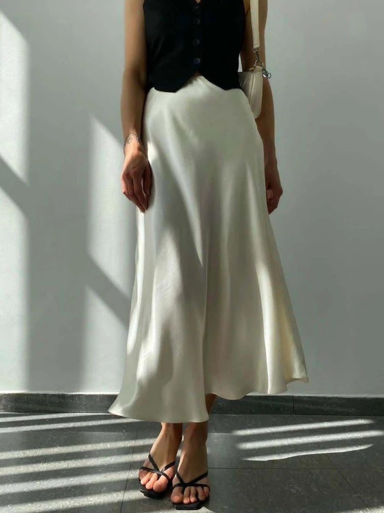 Women's Long Skirt 2024 New Fashion Satin Skirt Office Lady Elastic Waist Solid Champagne Purple Red Silk A-LINE Skirt for Women
