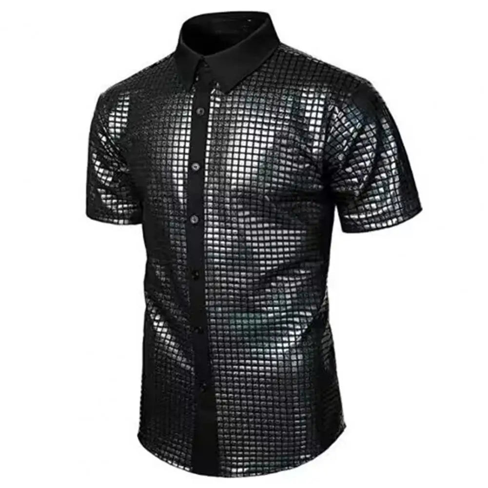 Men Club Shirt Vintage 70s Disco Men's Club Shirt with Reflective Sequins Turn-down Collar Short Sleeve Button Down for Parties