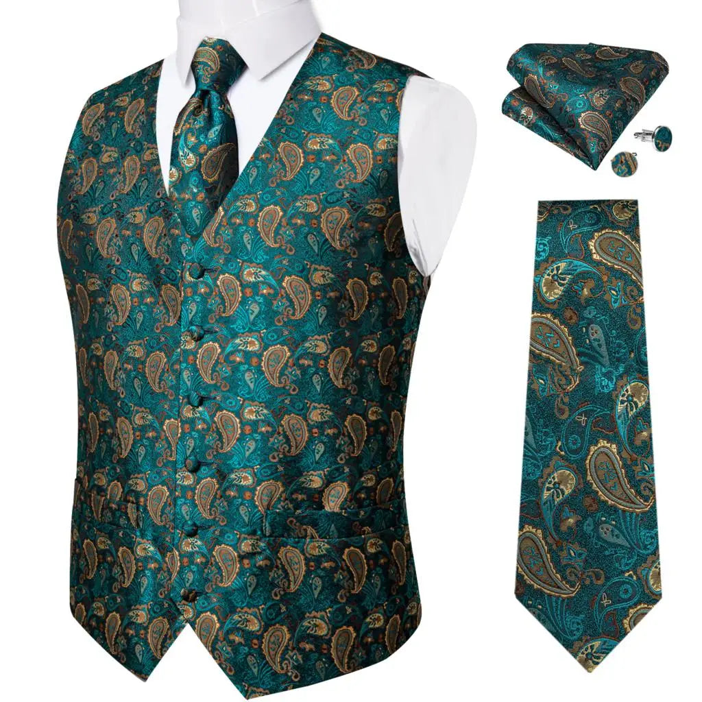 Luxury Silver Gray Paisley Suit Vest Men Tuxedo Blazers Wedding Party Waistcoat Neck Tie Set Casual Sleeveless Jacket