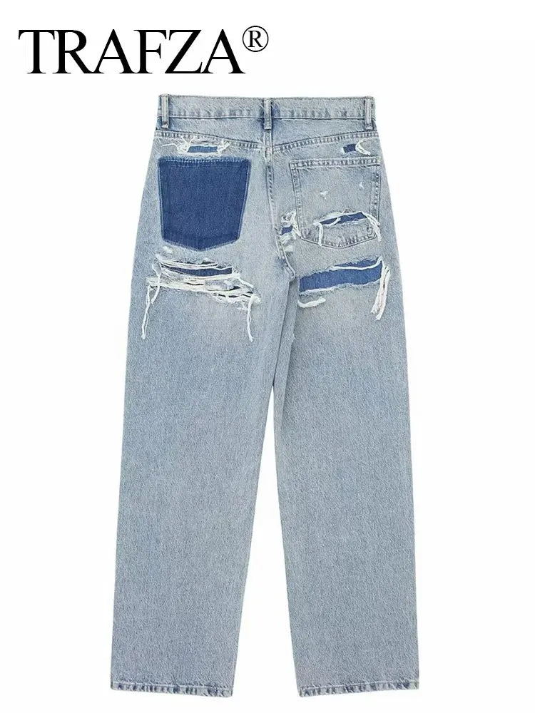 TRAFZA Jeans For Women Fashion Vintage Holes Decorated Denim Pant Patchwork High Waist Trousers Y2K 2024 High Street Lady Jeans