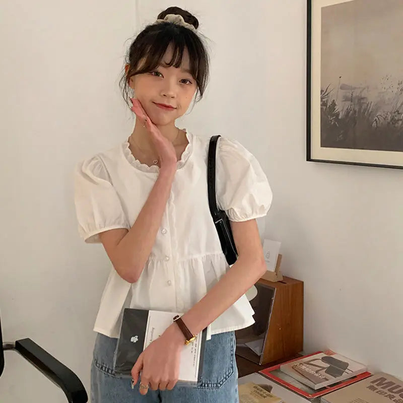 Shirts Women Elegant Sweet Preppy Style Cute Summer Tops Short Puff Sleeve New Arrival Stylish Korean Camisas Mujer Vintage Pure