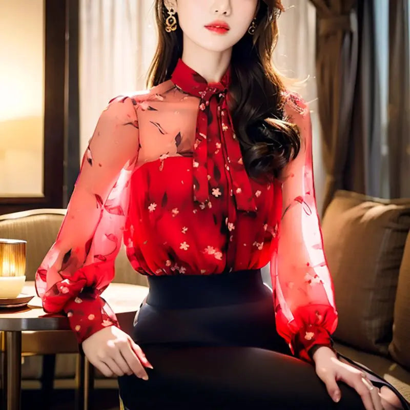 Spring and Autumn Women's High-end European Style Red Retro Standing Collar Bow Lantern Sleeve Floral Shirt Top