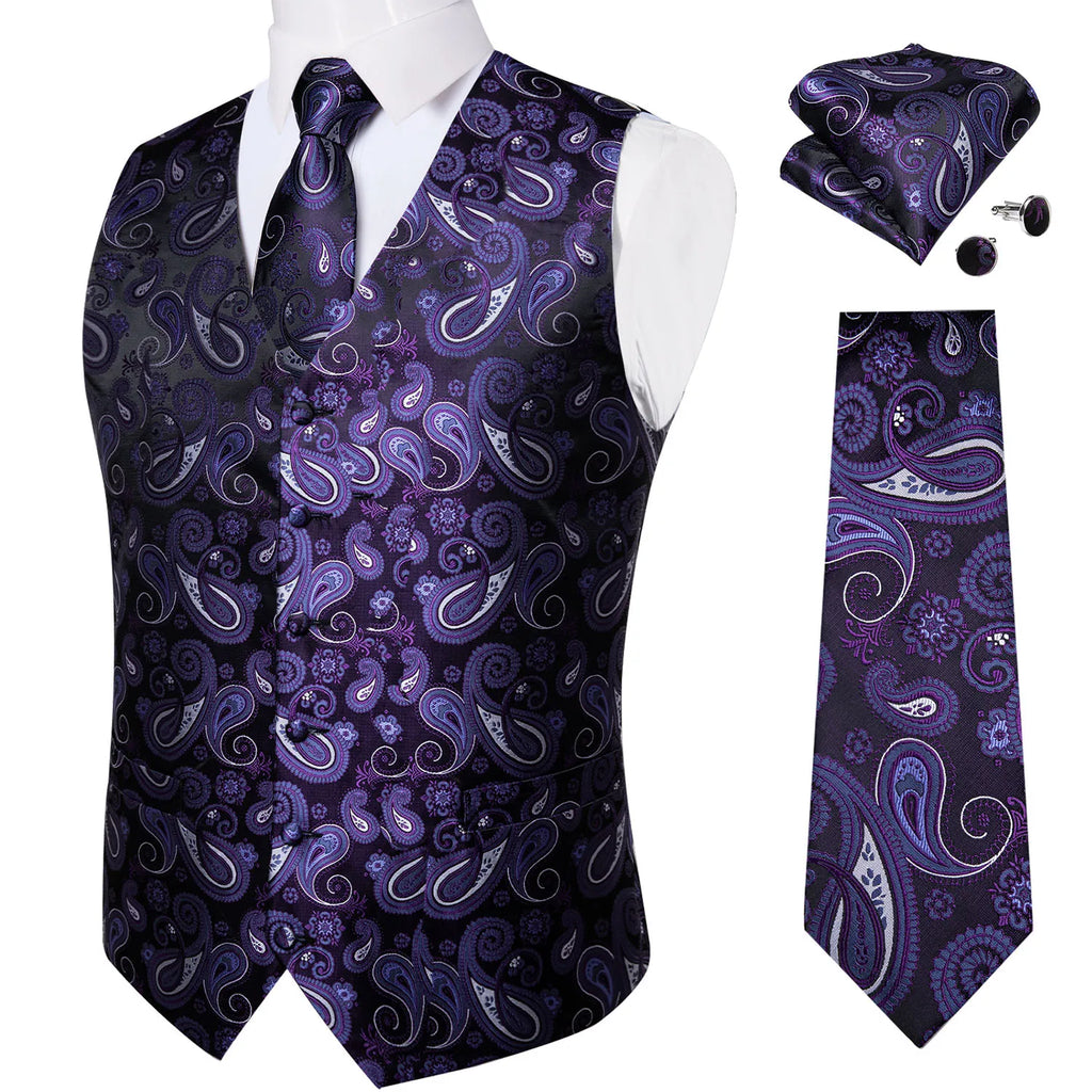 Luxury Silver Gray Paisley Suit Vest Men Tuxedo Blazers Wedding Party Waistcoat Neck Tie Set Casual Sleeveless Jacket