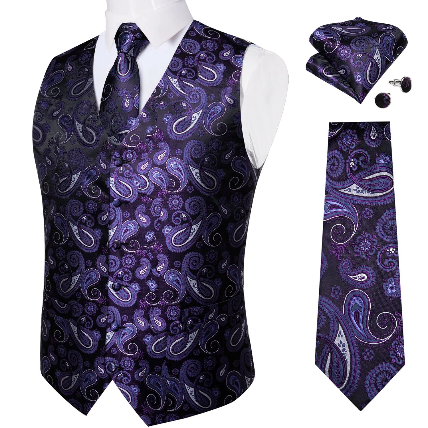 Luxury Silver Gray Paisley Suit Vest Men Tuxedo Blazers Wedding Party Waistcoat Neck Tie Set Casual Sleeveless Jacket