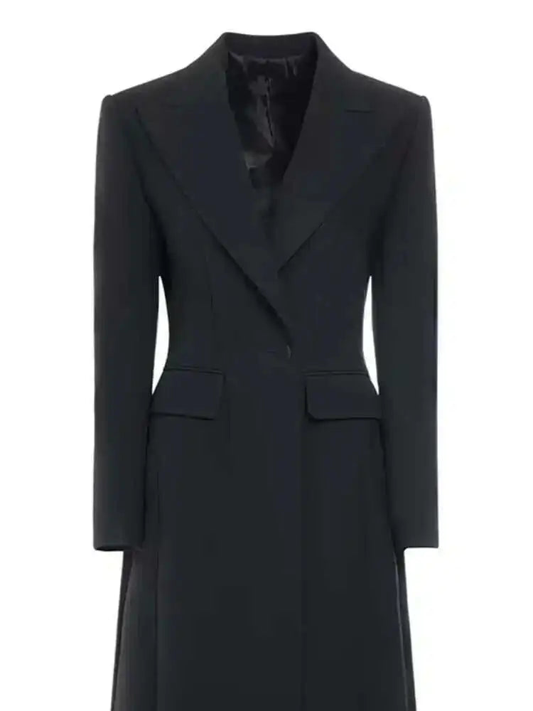 EAM Women Black Slim Ankle Length Blazer New Lapel Long Sleeve Single Button Jacket Fashion Tide Spring Autumn 2025 31A0382