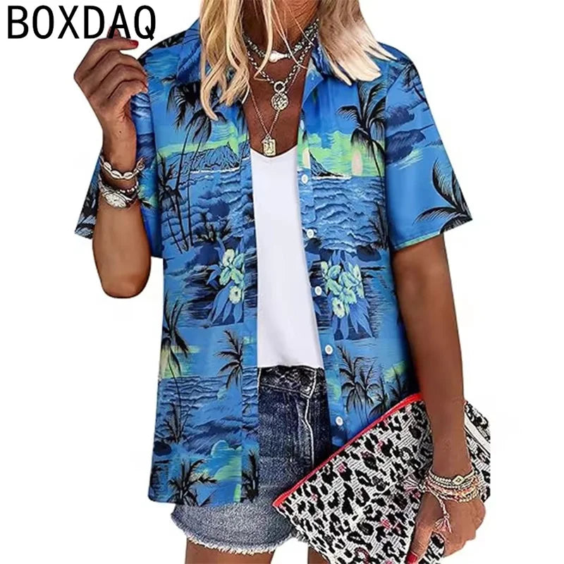 Tropical Coconut Tree Print Women's Hawaii Style Shirt Summer Lapel Short Sleeve Single Breasted Casual Personalized Shirt Tops