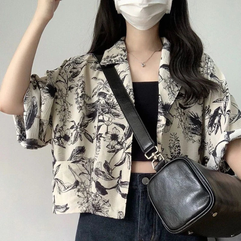Print Shirts Women Vintage Short-sleeve Unisex Cropped Loose Casual French Style Aesthetic Summer Holiday Ins All-match Students