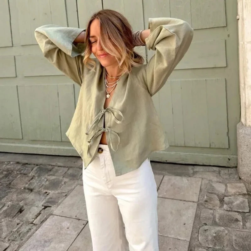 ALOBEE Shirt Women Elegant 2024 New Summer Street Female Comfortable Tops Loose Lace Up Leisure Bow Long Flare Sleeve Lady