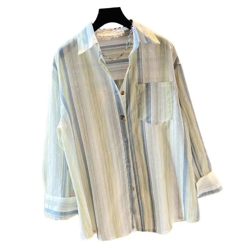 Spring and Autumn Cotton and Linen Contrasting Striped Long-sleeved Shirt Chic Versatile Top for Women