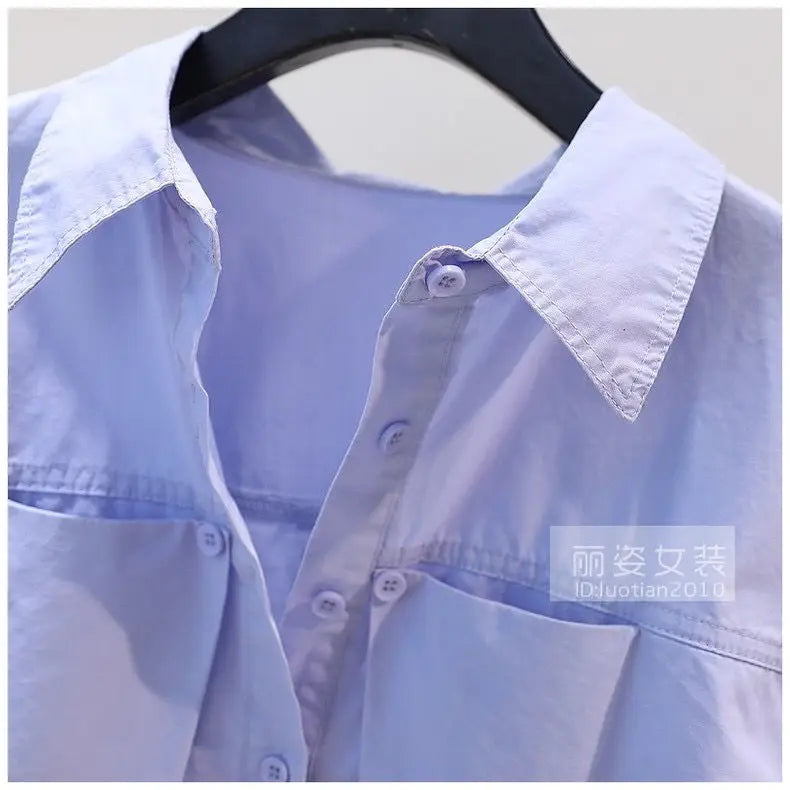 Design Sense Pleated Short Shirt, Women's Blue Loose Long Sleeved Cotton Shirt, New Top For Spring/summer 2024