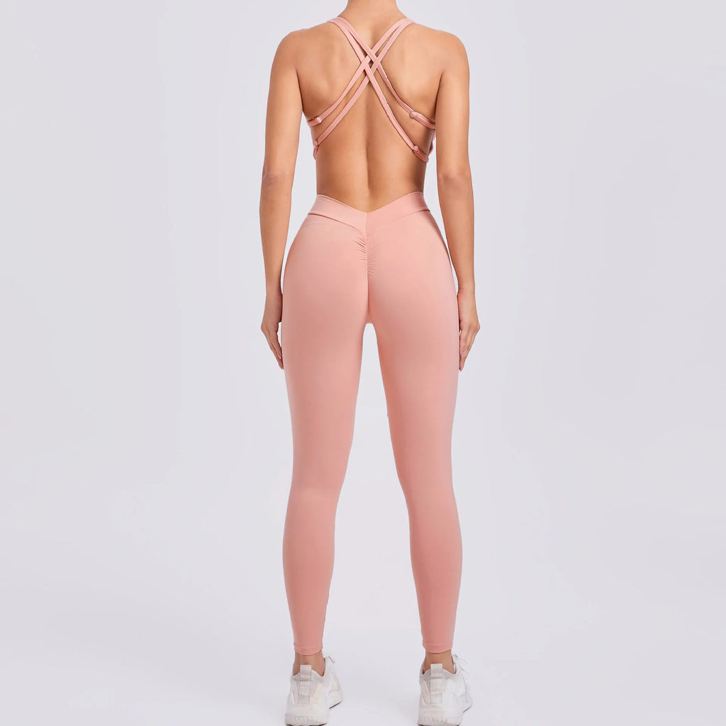 QYJNG Sport Bodycon Jumpsuits Women Sportswear One Piece Yoga Set Hollow Cross Backless Gym Fitness Overalls Training Outfit New