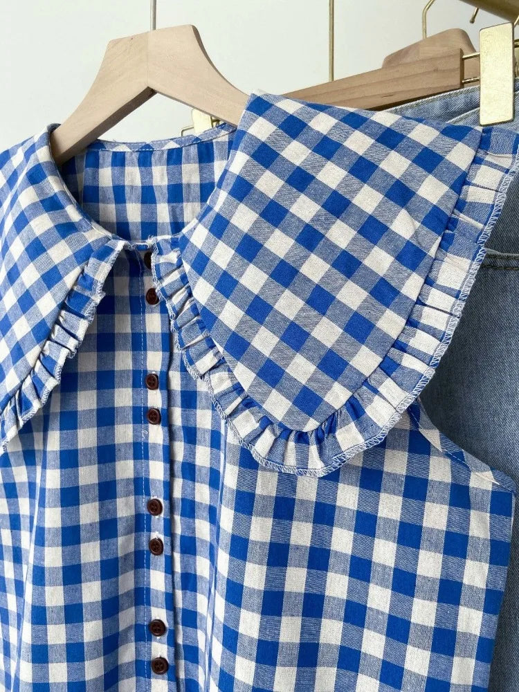 Korobov French Blue Plaid Ruffled Sleeveless Shirt Women's Clothing Summer Loose Blouses Doll Age Reduction Sweet Fashion Top